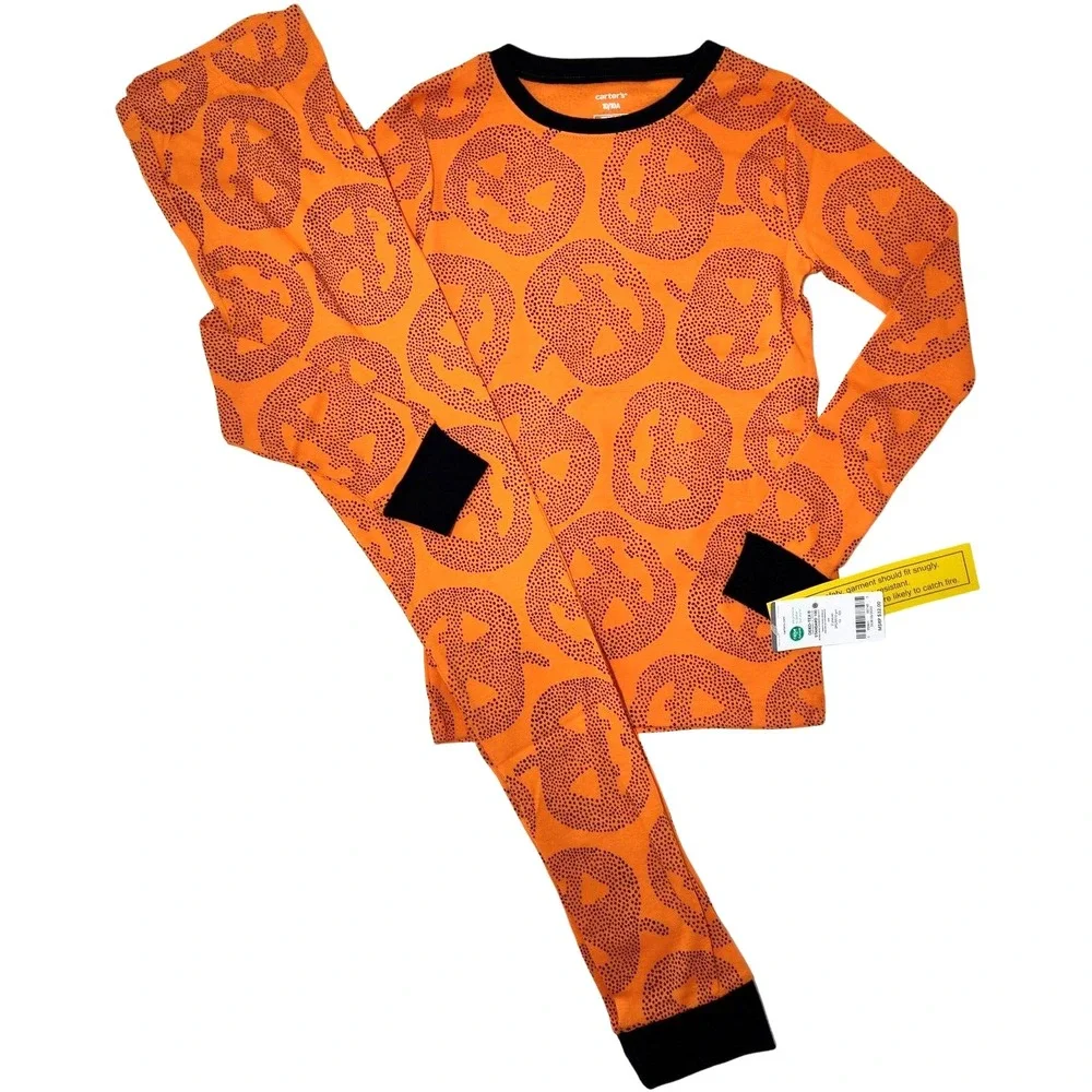 Carter's‎ 2pc Orange Pumpkin Pajamas Sz 12 Kids Cotton Halloween Jack O Lantern